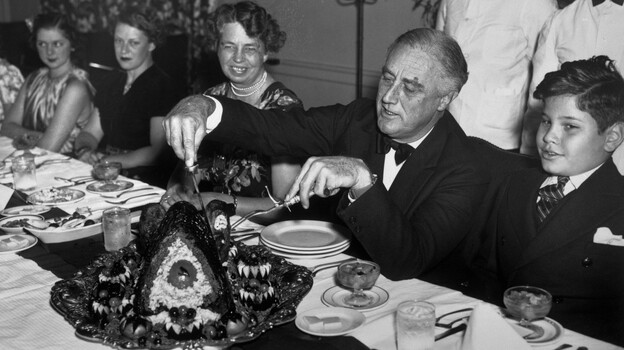 President Roosevelt celebrating Thanksgiving with polio patients at the Warm Springs Foundation for Infantile Paralysis Sufferers the Friday after the national holiday in 1938.