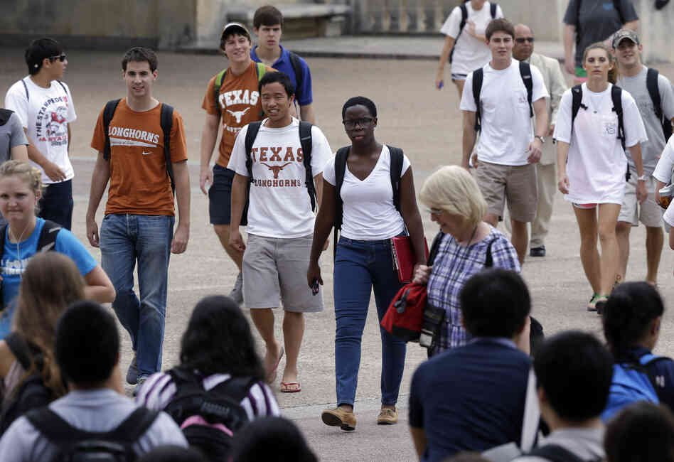 Students walk through the University of Texas at Austin campus. A case before the U.S. Supreme Court challenges the school's consideration of race in its admissions.