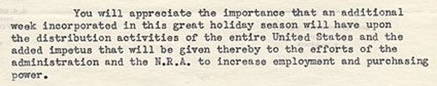 A snippet of a 1933 letter from the Downtown Association of Los Angeles asking President Roosevelt to push back Thanksgiving by a week.