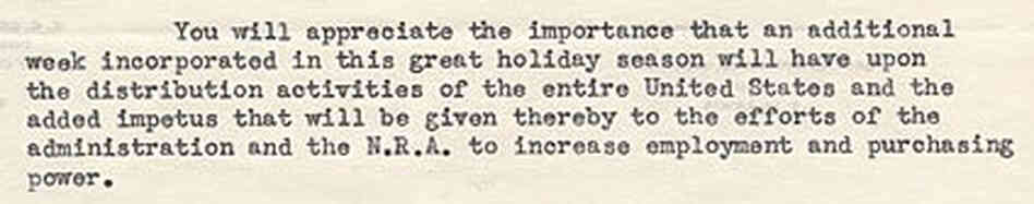 A snippet of a 1933 letter from the Downtown Association of Los Angeles asking President Roosevelt to push back Thanksgiving by a week.