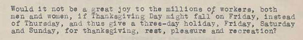 Snippet of a letter F.B. Haviland sent to President Hoover in 1929 asking him to move Thanksgiving to Friday.
