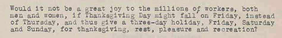 Snippet of a letter F.B. Haviland sent to President Hoover in 1929 asking him to move Thanksgiving to Friday.