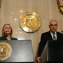 Egyptian Foreign Minister Mohammed Kamel Amr and U.S. Secretary of State Hillary Rodham Clinton announced the "hold fire" agreement in Cairo. Egyptian Foreign Minister Mohammed Kamel Amr and U.S. Secretary of State Hillary Rodham Clinton announced the "hold fire" agreement in Cairo.