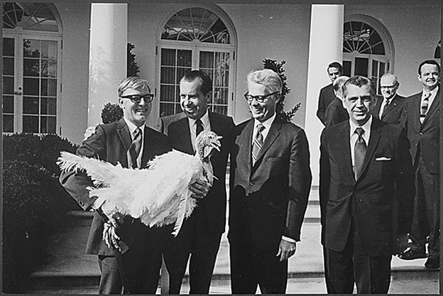 President Nixon pardons a turkey in 1969. There's quite a celebratory banquet scene in the John Adams opera, Nixon in China.