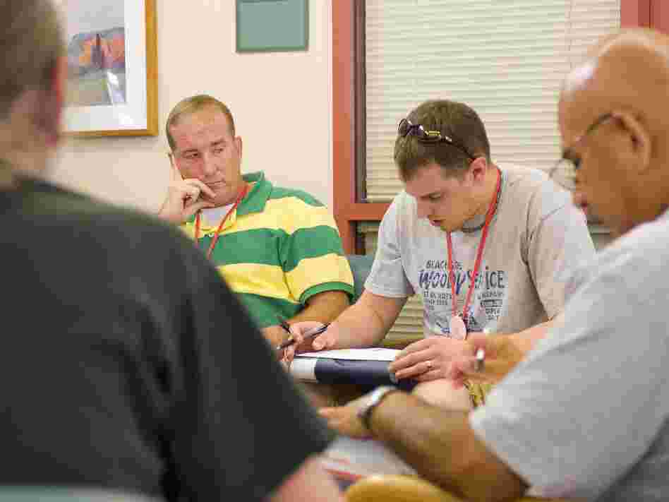 Veterans participate in a therapy session at the Veterans Affairs center in Menlo Park, Calif.