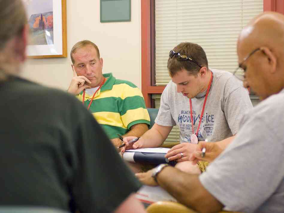 Veterans participate in a therapy session at the Veterans Affairs center in Menlo Park, Calif.