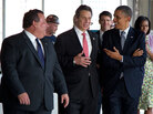 President Obama, New York Gov. Andrew Cuomo (center) and New Jersey Gov. Chris Christie visit the Port Authority of New York and New Jersey's World Trade Center site for a briefing on construction progress in June. The Republican Christie and Democrat Cuomo will have to find consensus on the plan for rebuilding after Superstorm Sandy, together and with a divided Congress. President Obama, New York Gov. Andrew Cuomo (center) and New Jersey Gov. Chris Christie visit the Port Authority of New York and New Jersey's World Trade Center site for a briefing on construction progress in June. The Republican Christie and Democrat Cuomo will have to find consensus on the plan for rebuilding after Superstorm Sandy, together and with a divided Congress.