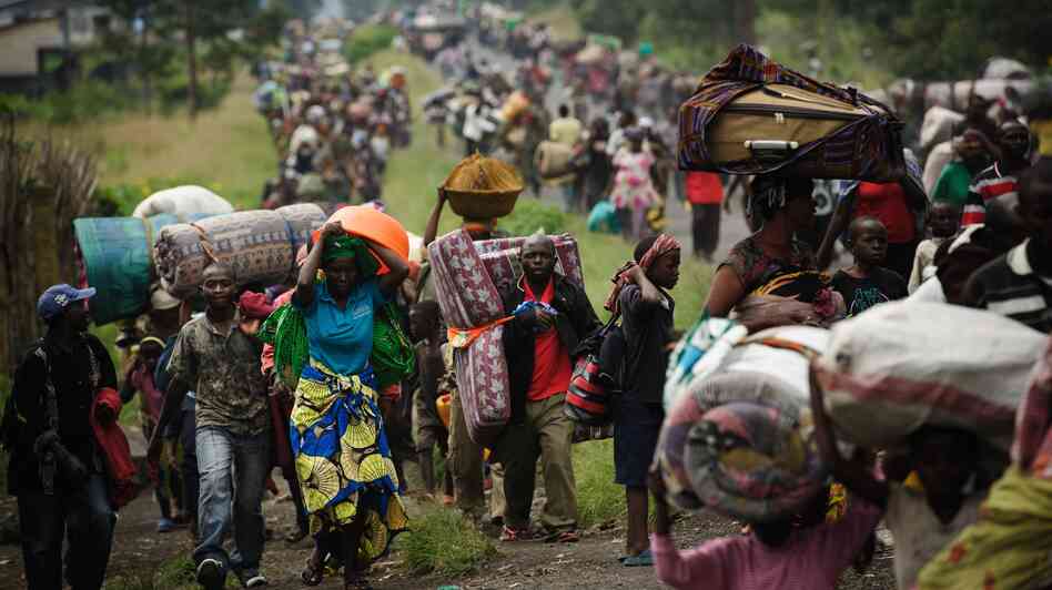To escape fighting, thousands of civilians flee the town of Sake in the eastern part of the Democratic Republic of the Congo on Thursday. Rebels captured Sake and made other advances in the area this week. Eastern Congo and the larger region have been the scene of frequent fighting over the past two decades. To escape fighting, thousands of civilians flee the town of Sake in the eastern part of the Democratic Republic of the Congo on Thursday. Rebels captured Sake and made other advances in the area this week. Eastern Congo and the larger region have been the scene of frequent fighting over the past two decades.