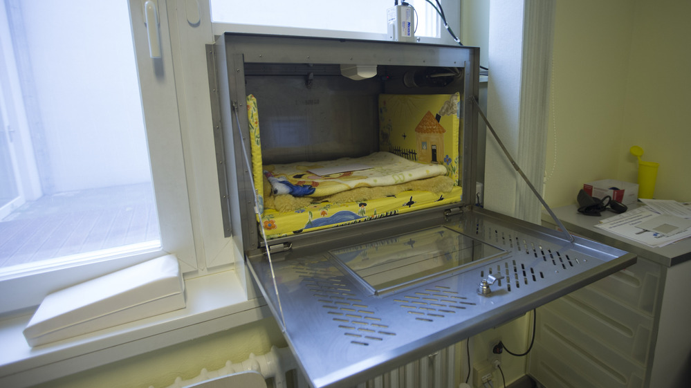 A baby hatch that is fixed in a window at Waldfriede Hospital in Berlin. Mothers can bring  unwanted babies and leave them anonymously. Baby boxes are a revival of the medieval "foundling wheels," where unwanted infants were left in revolving church doors.