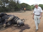 Miles Lappeman (left) and his son Marc with the carcass of a rhino that was killed for its horn at their Finfoot Lake Reserve on Nov. 24 in South Africa. This was one of eight rhinos slaughtered by poachers. Miles Lappeman (left) and his son Marc with the carcass of a rhino that was killed for its horn at their Finfoot Lake Reserve on Nov. 24 in South Africa. This was one of eight rhinos slaughtered by poachers.