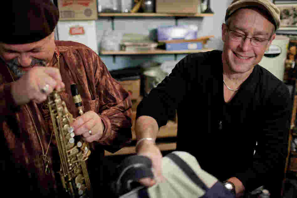 Joe Lovano (left) and Dave Douglas, backstage in the Village Vanguard "kitchen."