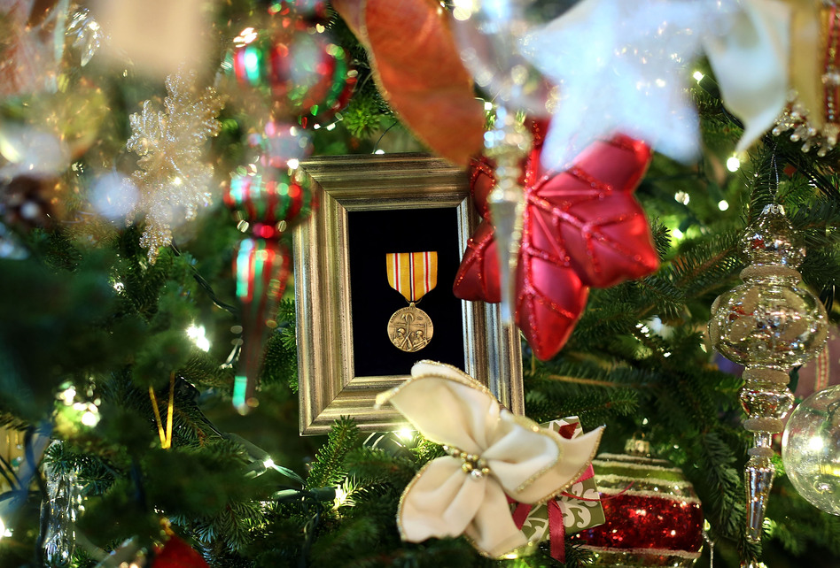 Many ornaments and other decorations celebrate members of the military, veterans and their families.