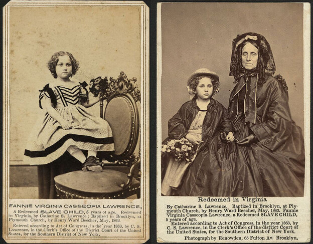 Fannie Virginia Casseopia Lawrence, a freed slave, was adopted by Catherine S. Lawrence. Abolitionist Henry Ward Beecher presented Fannie to his congregation at Plymouth Congregational Church in Brooklyn, N.Y.