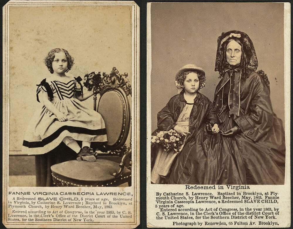 Fannie Virginia Casseopia Lawrence, a freed slave, was adopted by Catherine S. Lawrence. Abolitionist Henry Ward Beecher presented Fannie to his congregation at Plymouth Congregational Church in Brooklyn, N.Y. Fannie Virginia Casseopia Lawrence, a freed slave, was adopted by Catherine S. Lawrence. Abolitionist Henry Ward Beecher presented Fannie to his congregation at Plymouth Congregational Church in Brooklyn, N.Y.