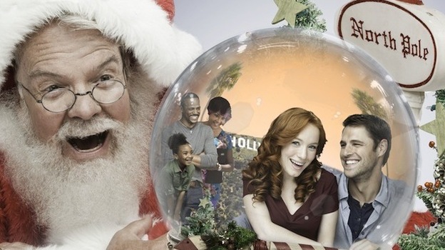 Why yes, this is a promotional image for a real holiday Hallmark movie called Annie Claus Is Comin' To Town. That's Annie Claus, Santa's daughter, inside the snow globe being stared at by her father.
