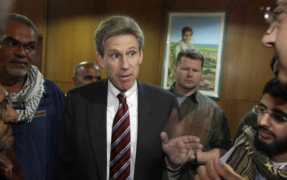 Then-envoy Chris Stevens speaks to local media in Benghazi, Libya, on April 11, 2011.