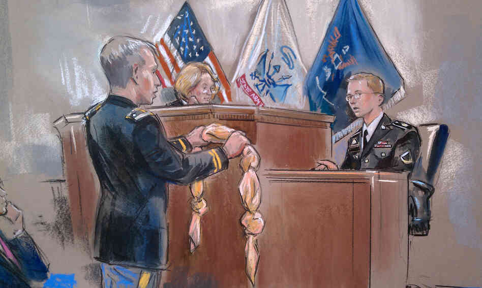 This artist rendering shows Army Pfc. Bradley Manning, right, being shown a bedsheet as he testified in his pretrial Wikileaks hearing in Fort Meade, Md.