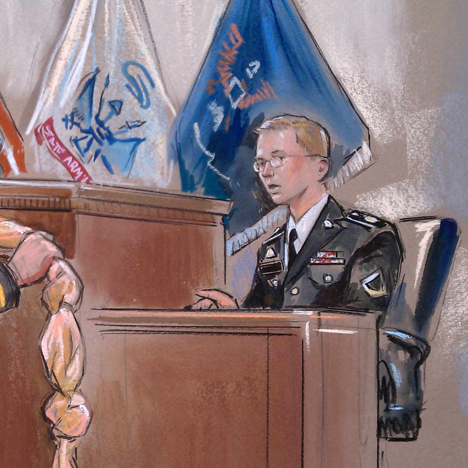 This artist rendering shows Army Pfc. Bradley Manning, right, being shown a bedsheet as he testified in his pretrial Wikileaks hearing in Fort Meade, Md.