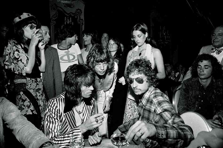 Mick Jagger's 29th birthday party. "At the party I photographed Mick and Keith with Bob Dylan at a time when Dylan sightings were extremely rare. Why was he there? Maybe the folk-rock icon was curious to meet up with rock 'n' roll's greatest icons-in-the-making."