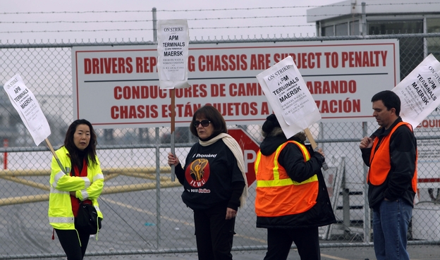 Union workers strike at the Port of Los Angeles on Nov. 28, 2012.