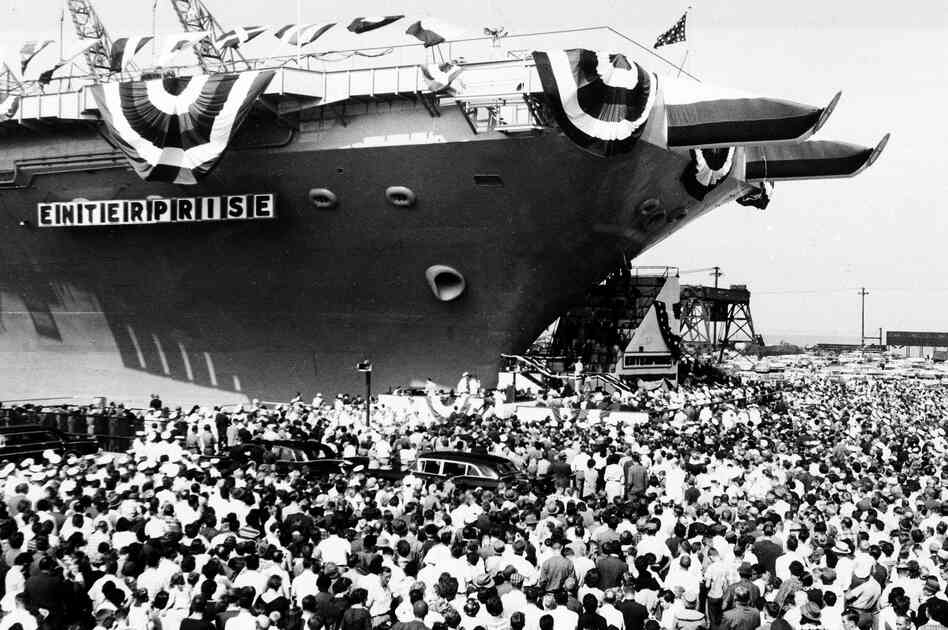 A throng estimated at 15,000 gathers to watch the christening of the USS Enterprise at Newport News, Va., Sept. 24, 1960.