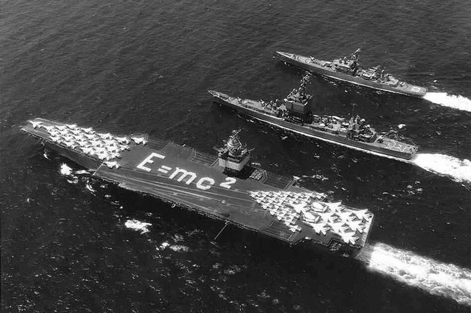 Occasionally members of Enterprise's crew create flight formations to commemorate important dates or events. In 1964 they spelled out Albert Einstein's most famous equation.