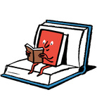 Illustration of a book, sitting in a book, reading another book.