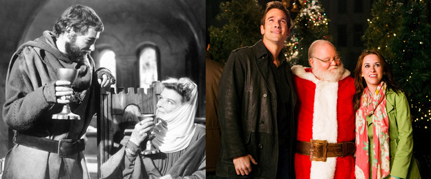 On the left, Peter O'Toole and Katharine Hepburn in A Lion In Winter. On the right, the cast of Hallmark's Matchmaker Santa.
