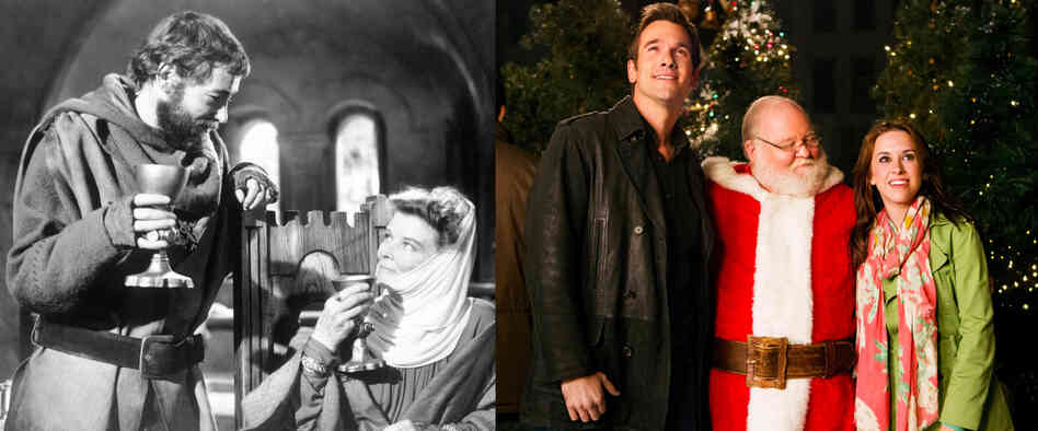 On the left, Peter O'Toole and Katharine Hepburn in A Lion In Winter. On the right, the cast of Hallmark's Matchmaker Santa.