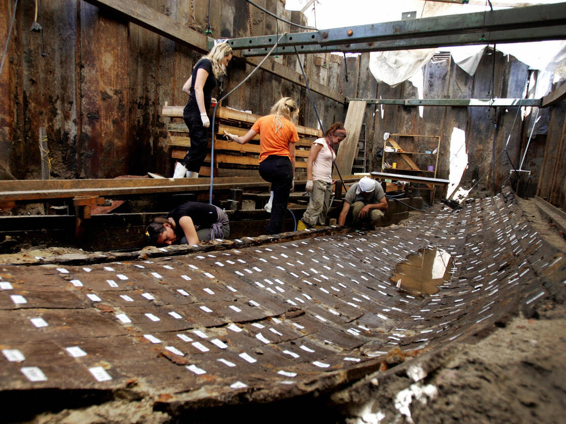 Archaeologists in Istanbul work on the remnants of a Byzantine-era ship in June 2006.