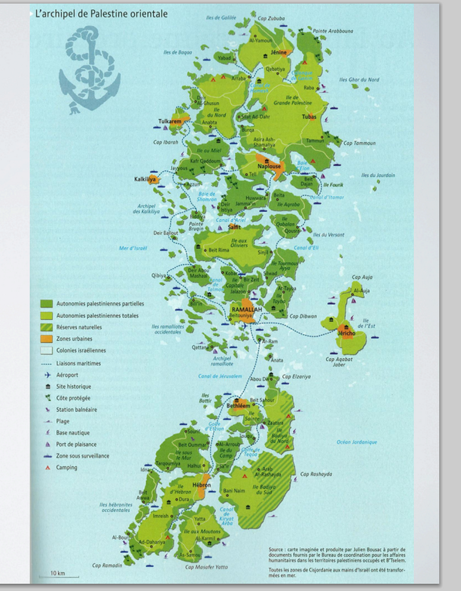 A map representing the West Bank and the Israeli settlements that break it up.