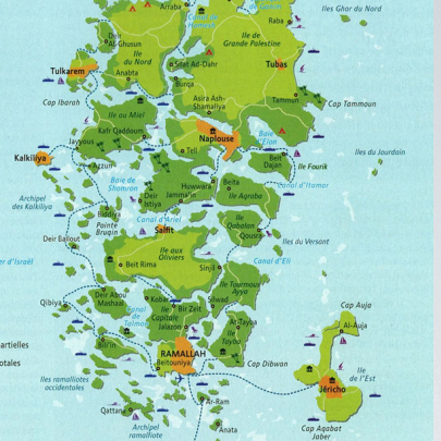 An artist rendering representing the West Bank and the Israeli settlements that could break it up.