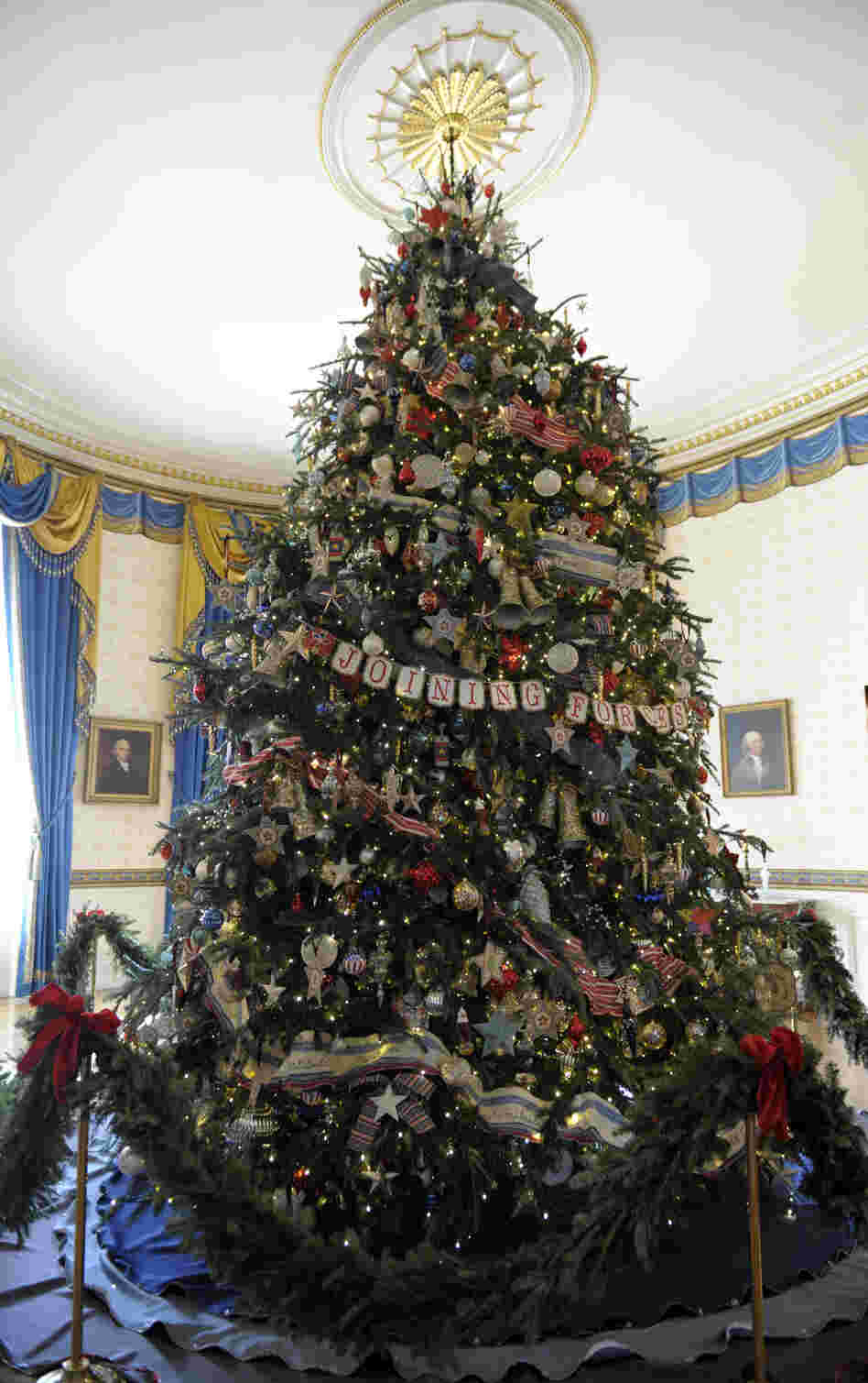 The official White House Christmas tree, an 18-foot-6-inch Frasier fur from Jefferson, N.C., was adorned with ornaments decorated by military children living on bases all over the world. 