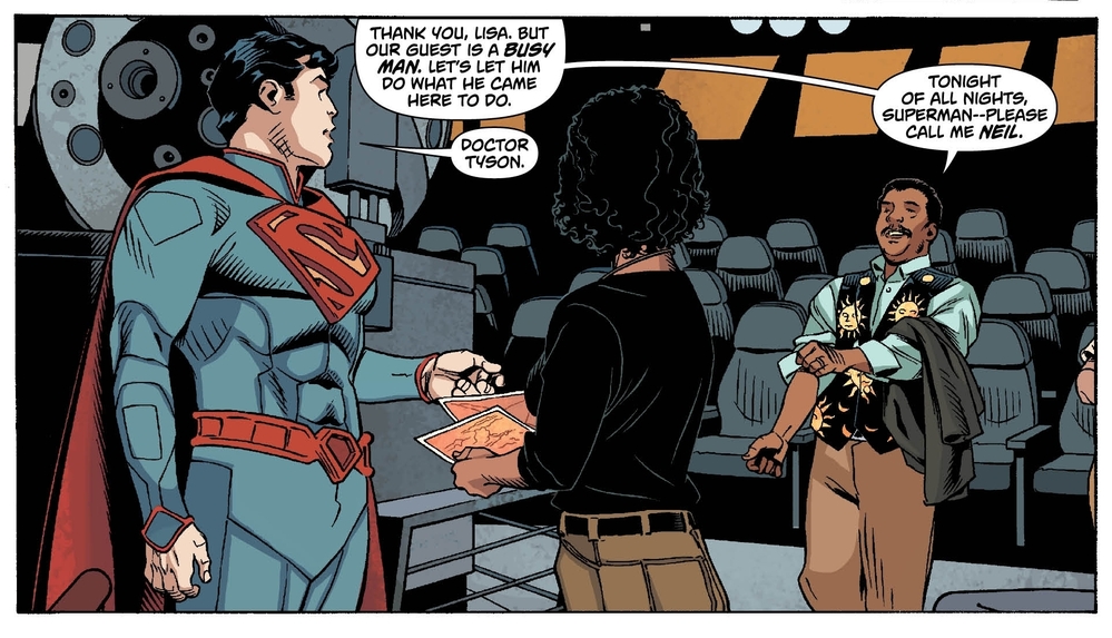 From Action Comics 14, Neil deGrasse Tyson greets Superman to help him with a problem.