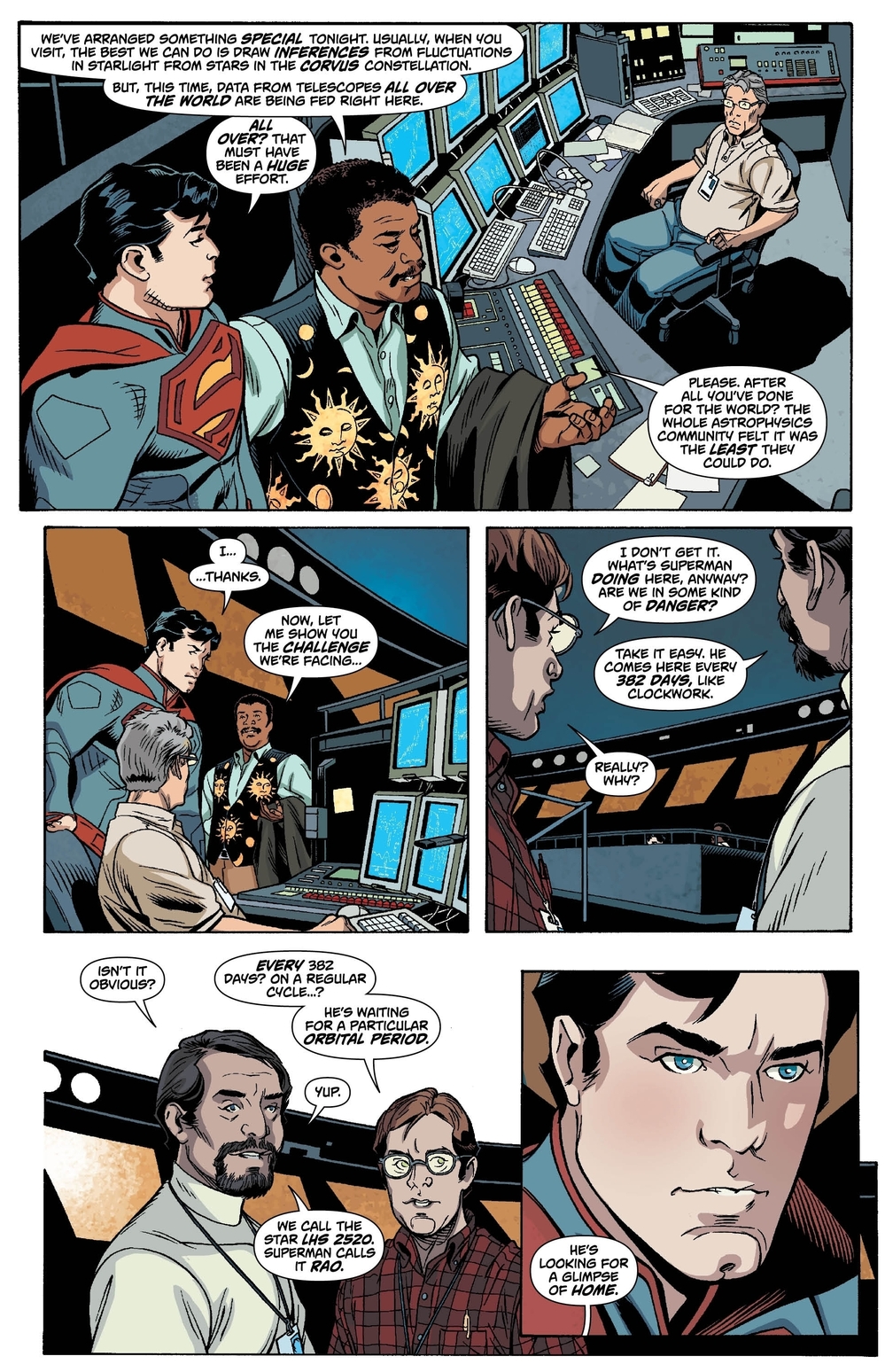 Superman is overwhelmed by the generosity of the scientists at the Hayden Planetarium.