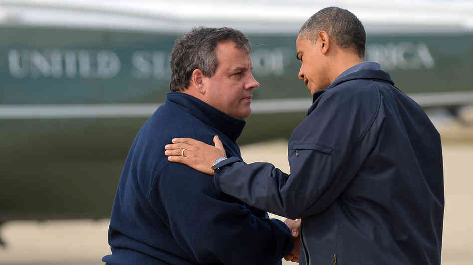 President Obama is greeted by New Jersey Gov. Chris Christie in Atlantic City, N.J., on Oct. 31 before visiting areas hardest hit by Superstorm Sandy.