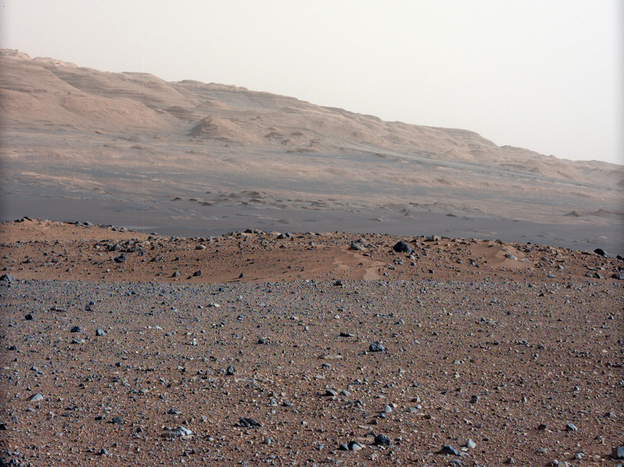 This photo, taken by NASA's Curiosity rover, shows Mars' Gale Crater, where the rover has taken samples for chemical analysis. Scientists believe that at some point in the very distant past, there was a riverbed here.