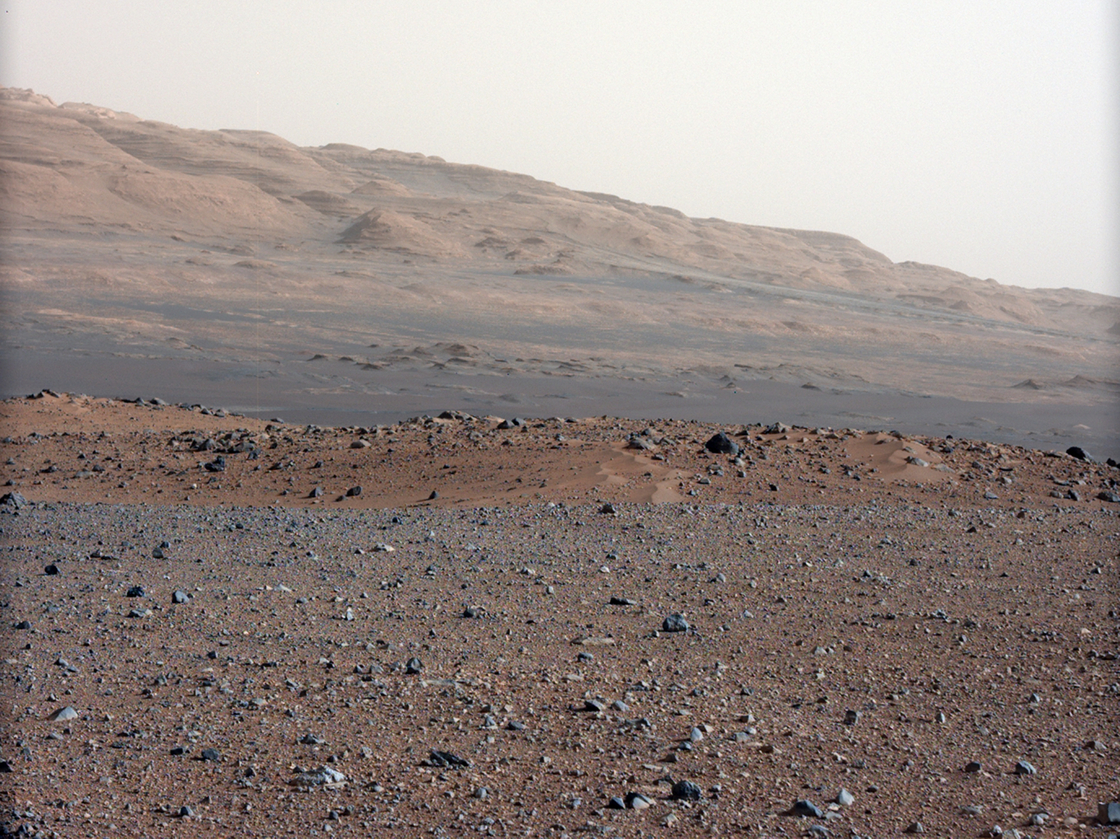 This photo, taken by NASA's Curiosity rover, shows Mars' Gale Crater, where the rover has taken samples for chemical analysis. Scientists believe that at some point in the very distant past, there was a riverbed here.