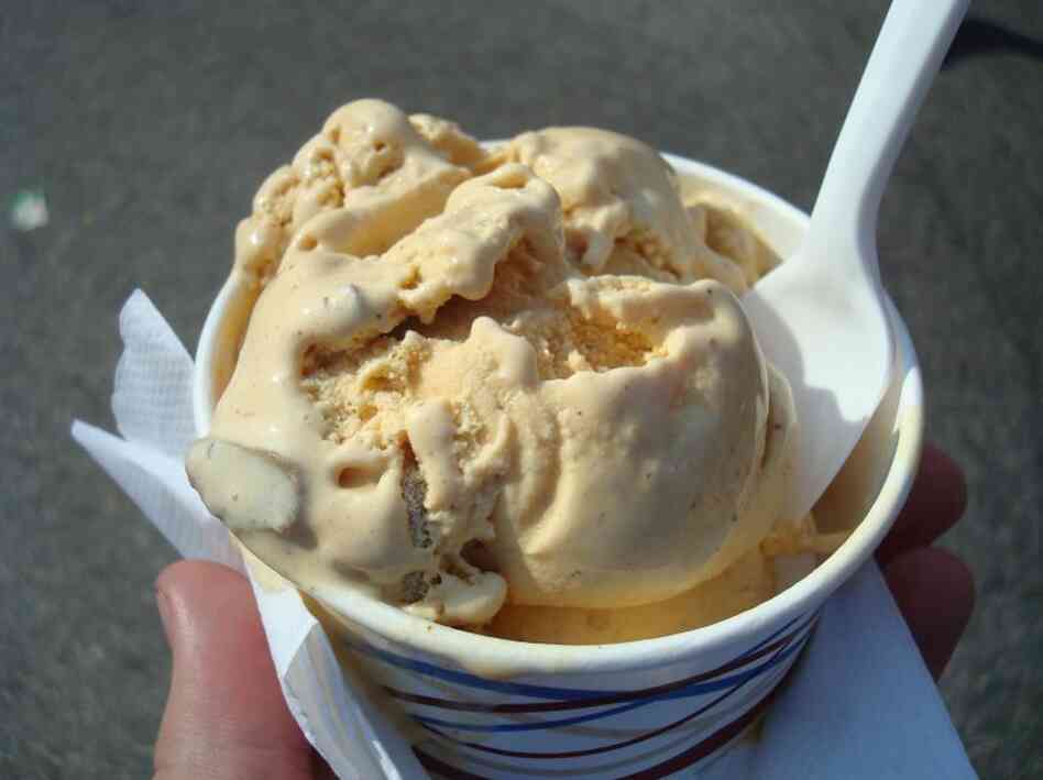 A cup of pumpkin ice cream with chunks of frozen candy cap mushrooms. The candy cap variety is said to have the fragrance of maple syrup.