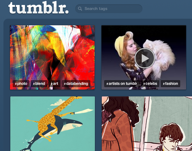 A screenshot of the Tumblr homepage. A screenshot of the Tumblr homepage.