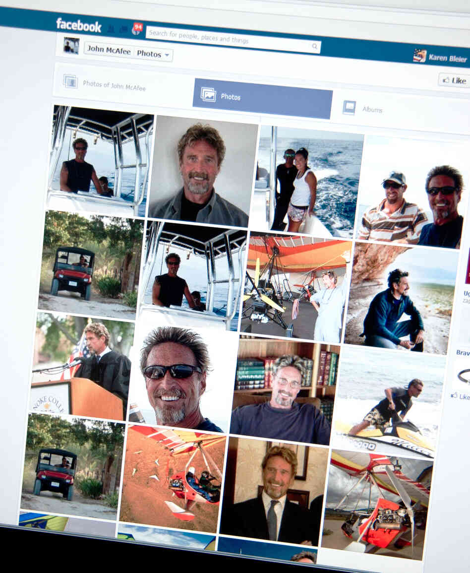 A Facebook page shows photos of John McAfee, the founder of the eponymous anti-virus company.