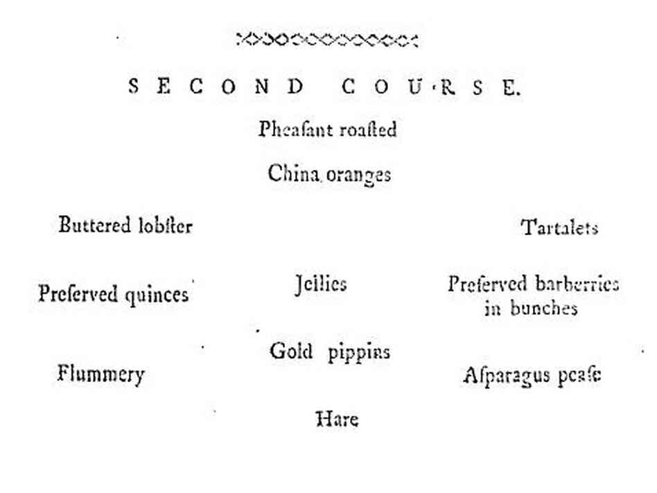 Bills of Fare for a typical wealthy person's second course in the month of January, originally published by Mary Smith of Newcastle, in her 1772 book, The complete house-keeper and professed cook. Bills of Fare for a typical wealthy person's second course in the month of January, originally published by Mary Smith of Newcastle, in her 1772 book, The complete house-keeper and professed cook.