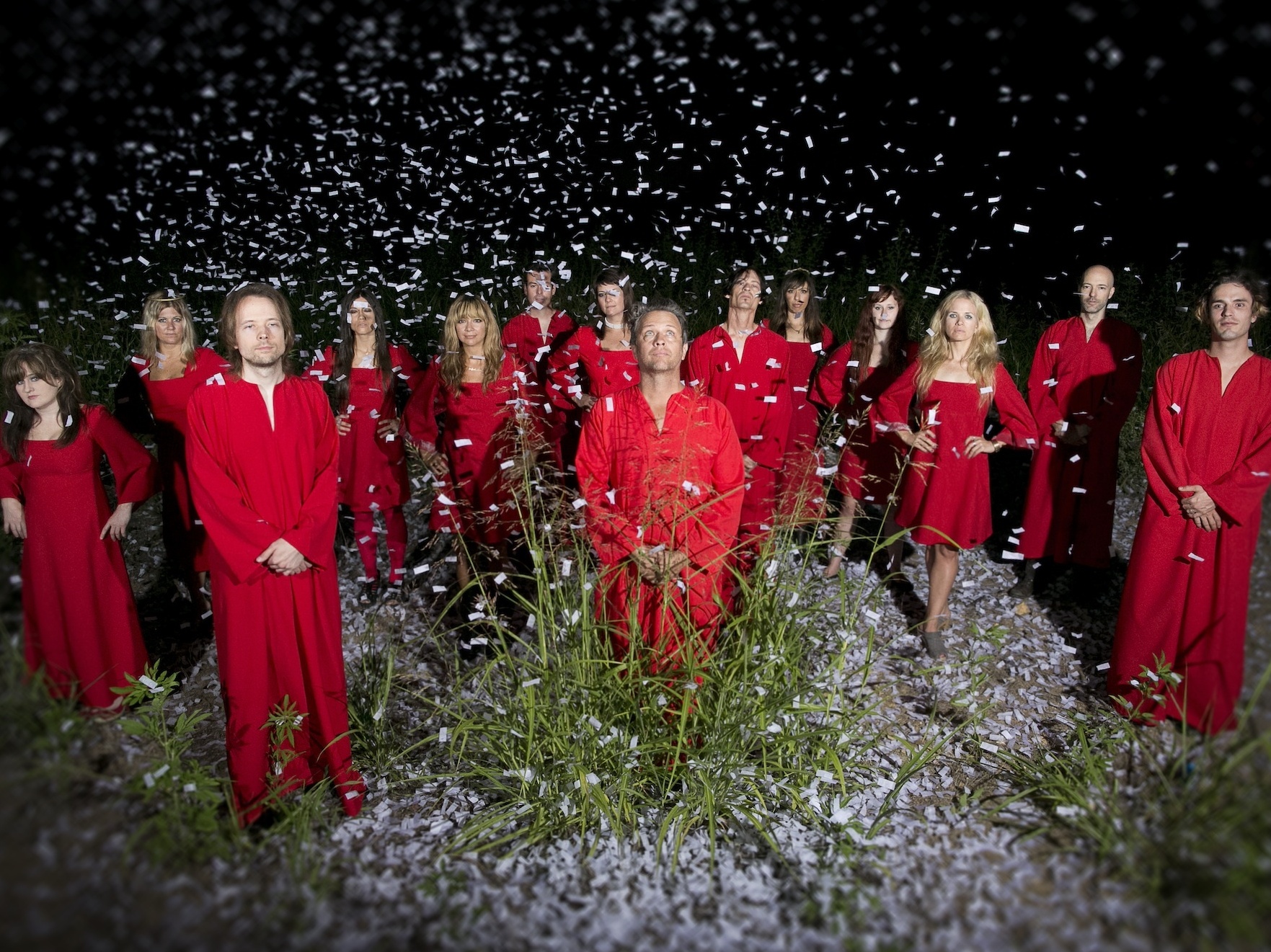 The Polyphonic Spree, under a shower of confetti.