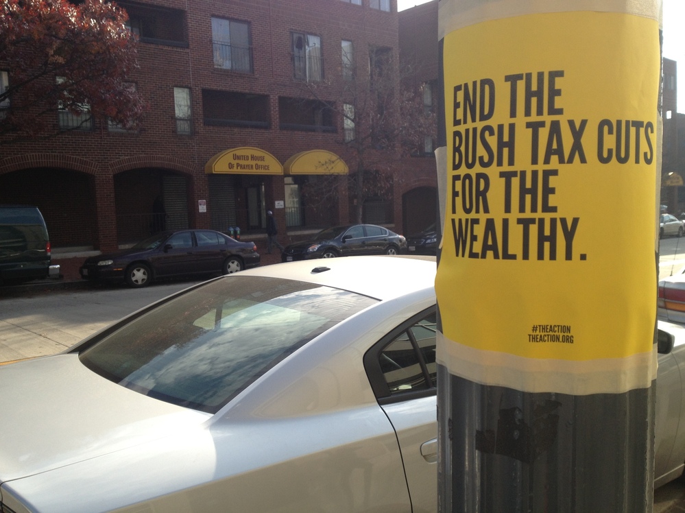 A sign in downtown Washington, D.C., on Tuesday. The president, congressional Republicans and outside groups all are trying to rally public support for their positions in the fiscal talks.