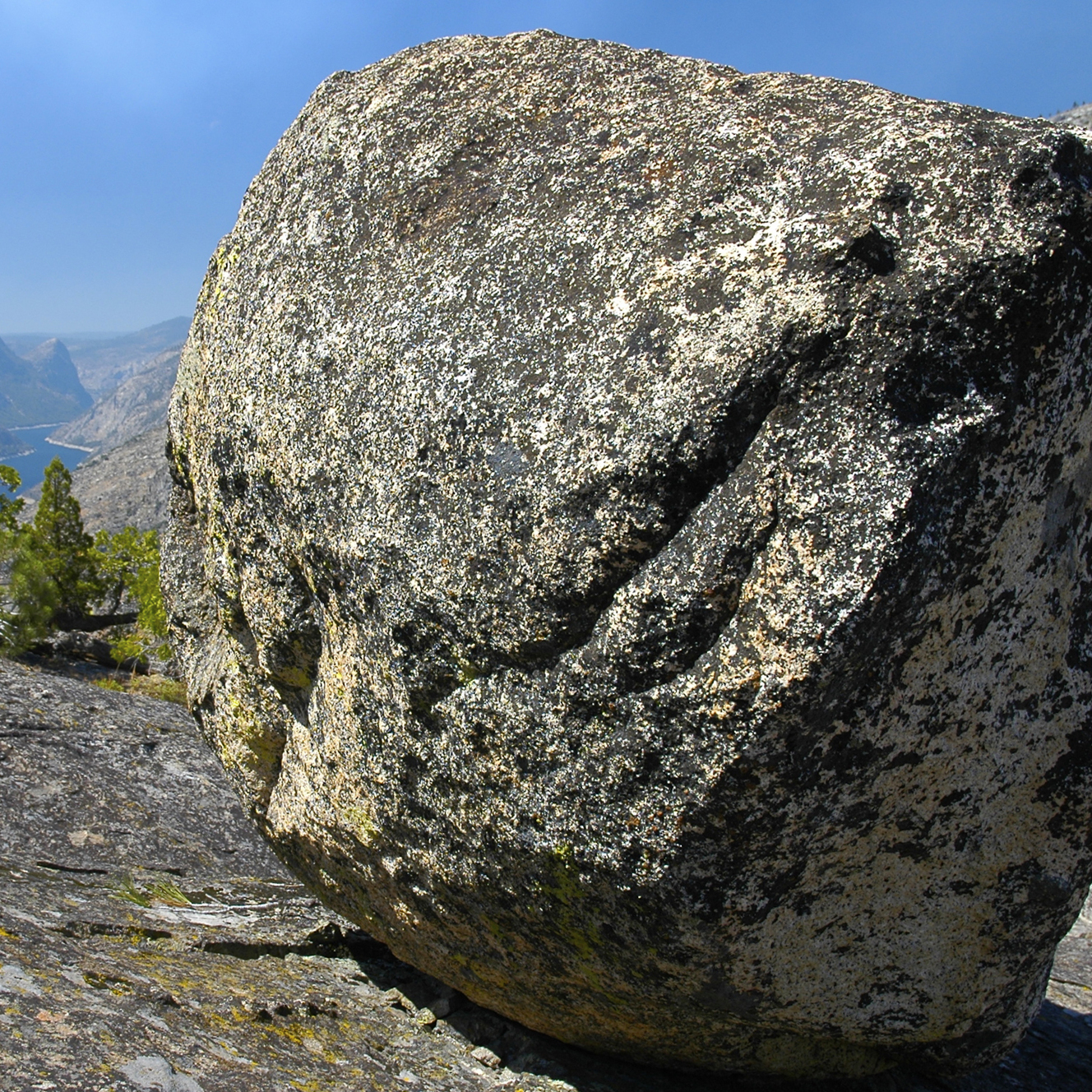 A glacial erratic with the Hetch-Hetchy Reservoir in the background.