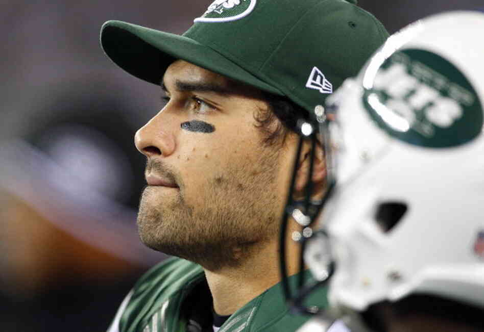 Quarterback Mark Sanchez of the New York Jets looks on near the end of the game against the New England Patriots Nov. 22.