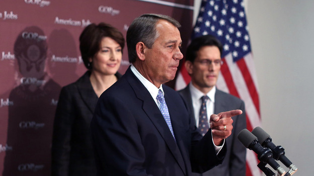 House Speaker John Boehner, R-Ohio, takes questions as House Majority Leader Eric Cantor, R-Va., and Rep. Cathy McMorris Rodgers, R-Wash., look on during a Capitol Hill news conference on Wednesday.