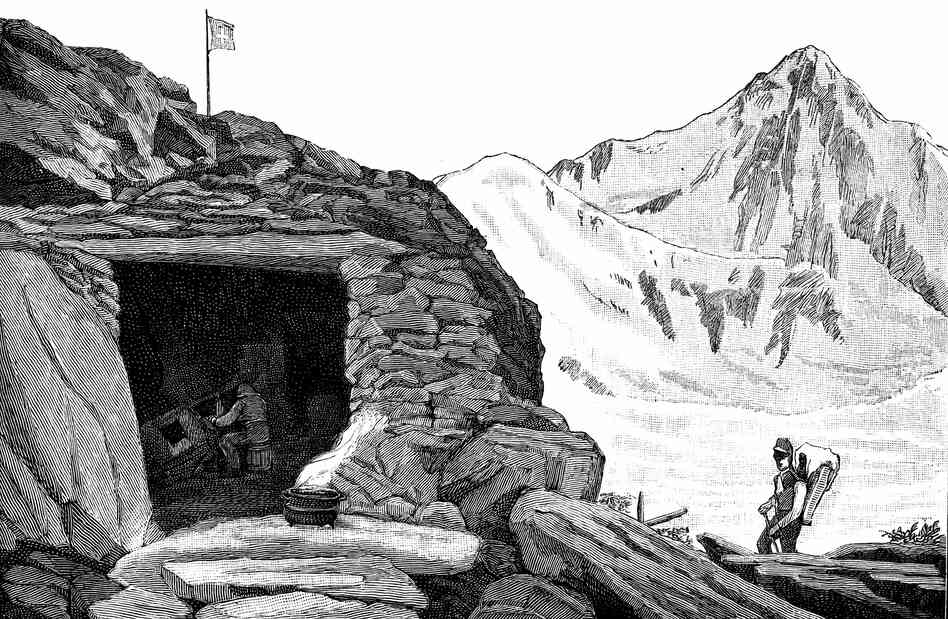 Louis Agassiz, at the"Hotel de Neuchatelois," shelter he built around a huge boulder on the Aar glacier, Switzerland, during his 1840 expedition. Louis Agassiz, at the"Hotel de Neuchatelois," shelter he built around a huge boulder on the Aar glacier, Switzerland, during his 1840 expedition.