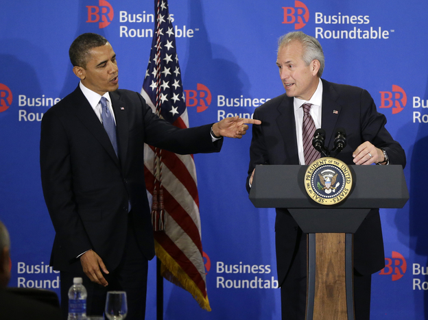 President Obama is introduced to the Business Roundtable by Boeing CEO Jim McNerney in Washington on Wednesday.