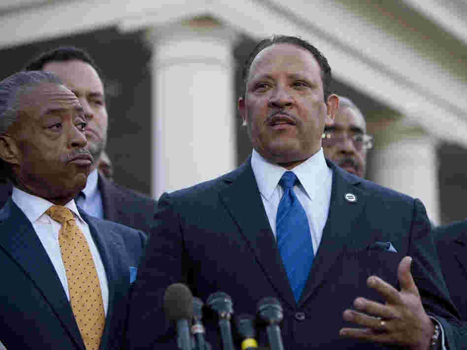 The National Urban League's Marc Morial (center) joins other civic leaders speaking outside the White House after they met with President Obama last month.